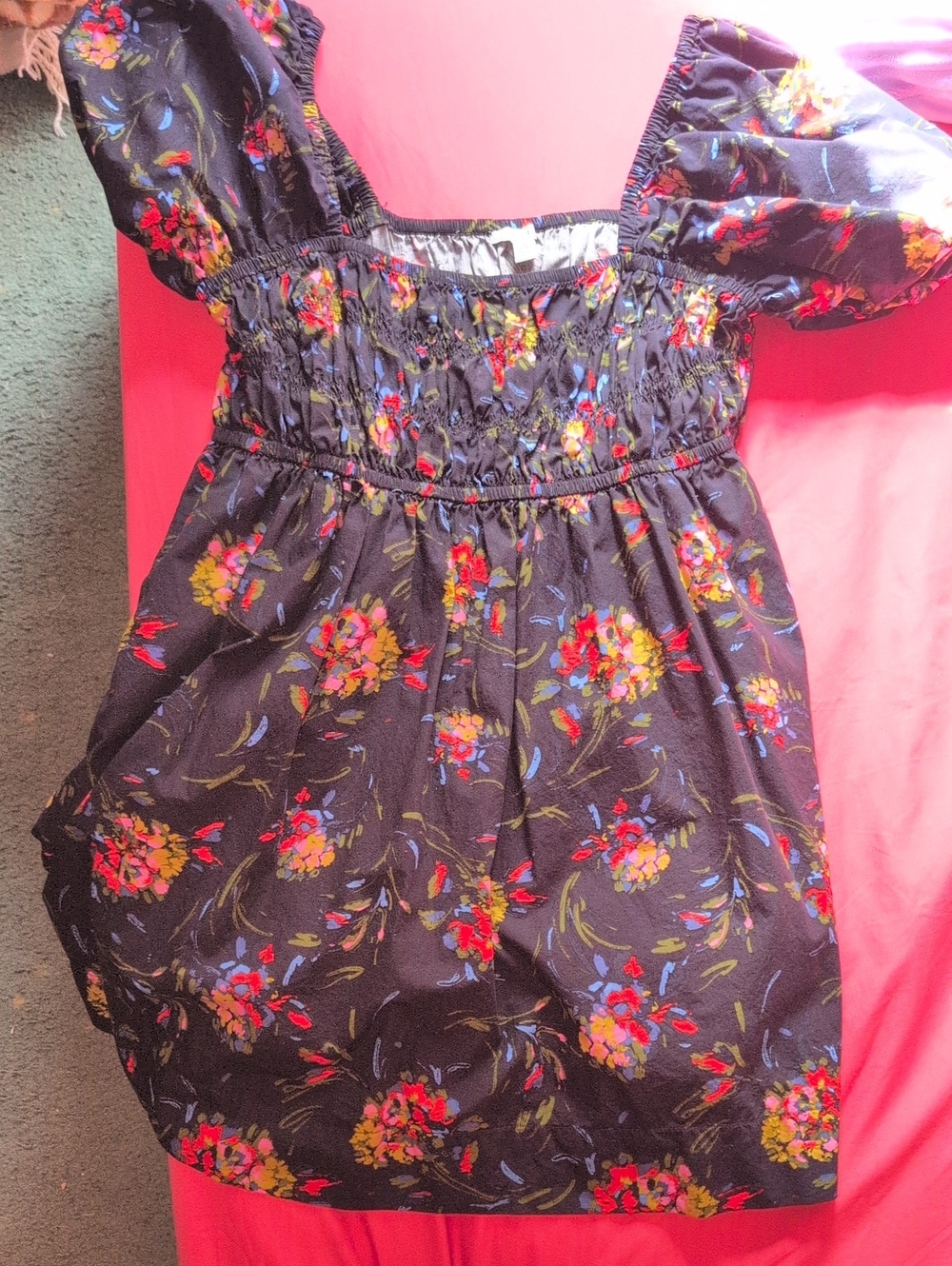 Floral Smocked Mini Dress - Black/Pink Floral